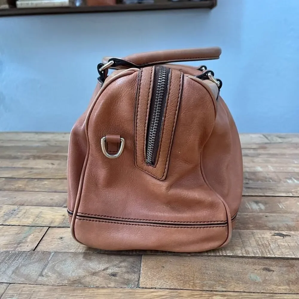 Banana Republic Leather Satchel 13.5 in Double Handles Warm Tan Leopard Lining